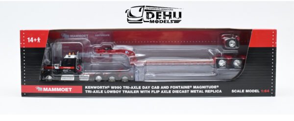 Tráiler a Escala 1/64 Kenworth W990 de Tres ejes Con Remolque Lowboy De Tres Ejes Fontaine Magnitude con eje Plegable MAMMOET 69-1869 DCP By First Gear - Imagen 13