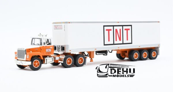 Tráiler a Escala 1/64 Ford LT-9000 Day Cab Con Remolque Caja Seca de 40' de Tres Ejes TNT X-Press Transit, 60-1285 DCP By First Gear