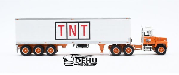 Tráiler a Escala 1/64 Ford LT-9000 Day Cab Con Remolque Caja Seca de 40' de Tres Ejes TNT X-Press Transit, 60-1285 DCP By First Gear - Imagen 4