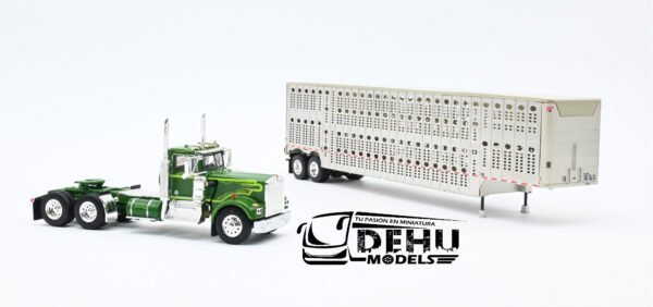 Tráiler a Escala 1/64 Kenworth W900A Day Cab Con Remolque Ganadero Silver Verde - Gris, 60-1263 DCP By First Gear - Imagen 6