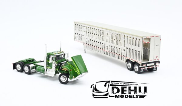 Tráiler a Escala 1/64 Kenworth W900A Day Cab Con Remolque Ganadero Silver Verde - Gris, 60-1263 DCP By First Gear - Imagen 7