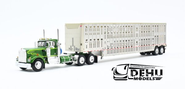 Tráiler a Escala 1/64 Kenworth W900A Day Cab Con Remolque Ganadero Silver Verde - Gris, 60-1263 DCP By First Gear