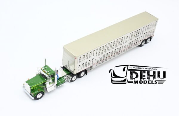 Tráiler a Escala 1/64 Kenworth W900A Day Cab Con Remolque Ganadero Silver Verde - Gris, 60-1263 DCP By First Gear - Imagen 11