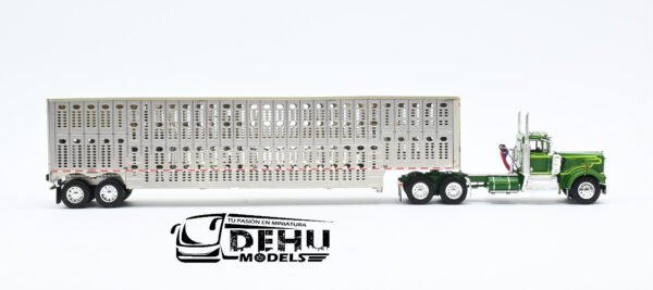 Tráiler a Escala 1/64 Kenworth W900A Day Cab Con Remolque Ganadero Silver Verde - Gris, 60-1263 DCP By First Gear - Imagen 4