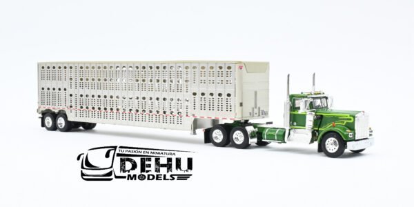 Tráiler a Escala 1/64 Kenworth W900A Day Cab Con Remolque Ganadero Silver Verde - Gris, 60-1263 DCP By First Gear - Imagen 3