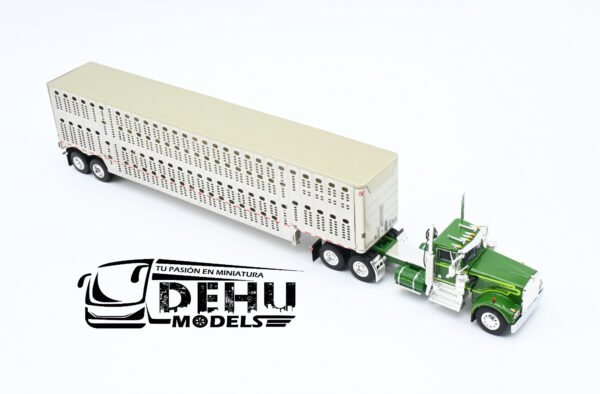 Tráiler a Escala 1/64 Kenworth W900A Day Cab Con Remolque Ganadero Silver Verde - Gris, 60-1263 DCP By First Gear - Imagen 2