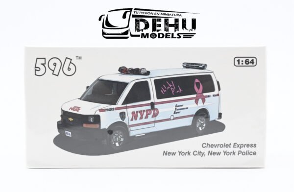 Camioneta a Escala 1/64 Chevrolet Van Express New York City, New York Police NYPD Think Pink Blanco - Rosa, CBP-047 596 Model - Imagen 11