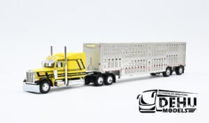 Tráiler a Escala 1/64 Peterbilt 379 Sleeper Cab Con Remolque Ganadero Wilson Silverstar Livestock Trailer Harrison Trucking Amarillo - Negro - Gris, 60-2104 DCP By First Gear