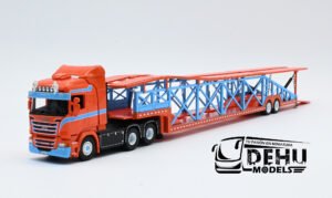 Tráiler a Escala 1/64 Scania R Car Hauler Madrina / Nodriza Naranja - Azul, FLAMESCANODNAAZ Flame